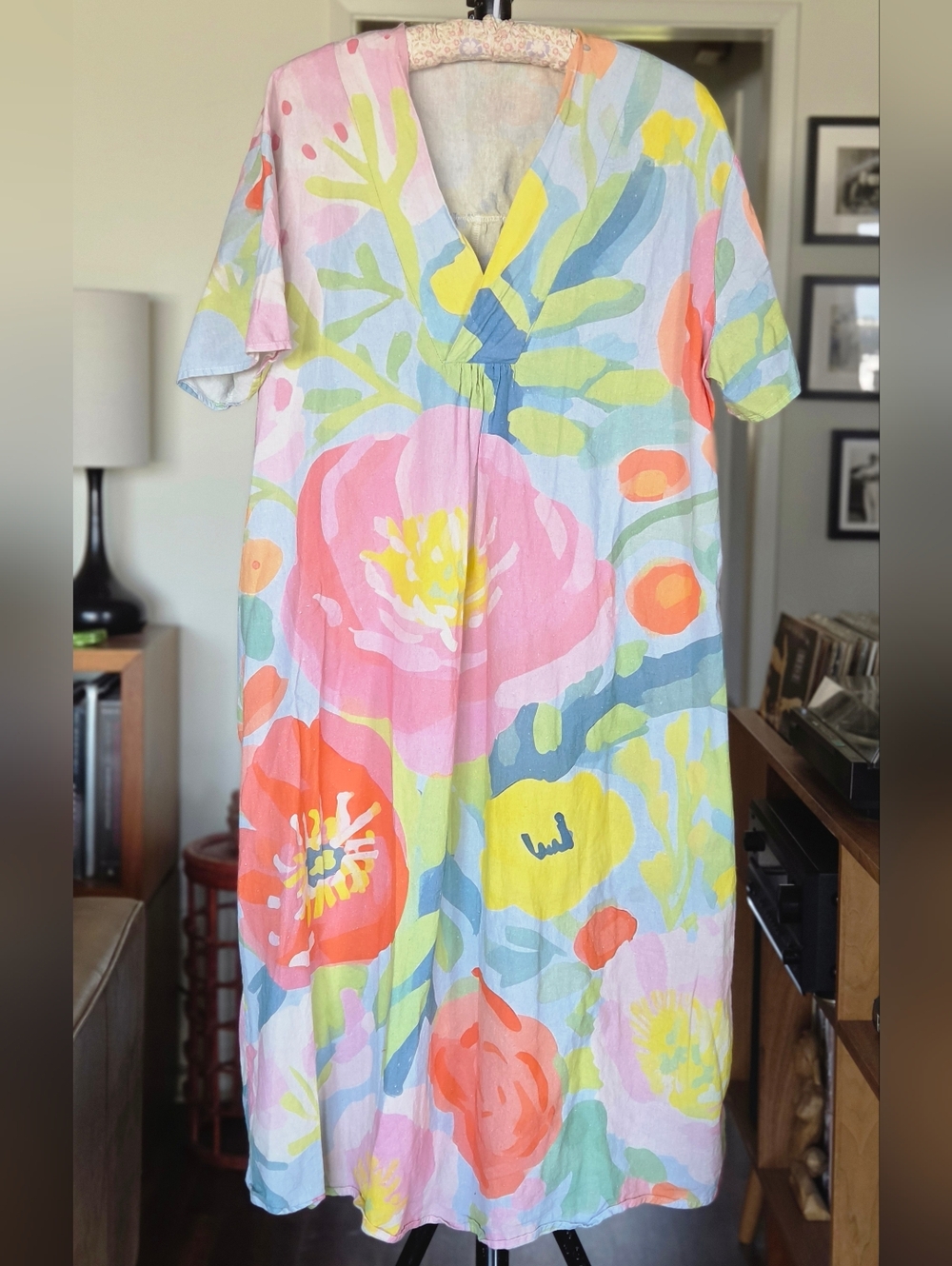 Abstract Floral V-Neck Midi Cotton Dress